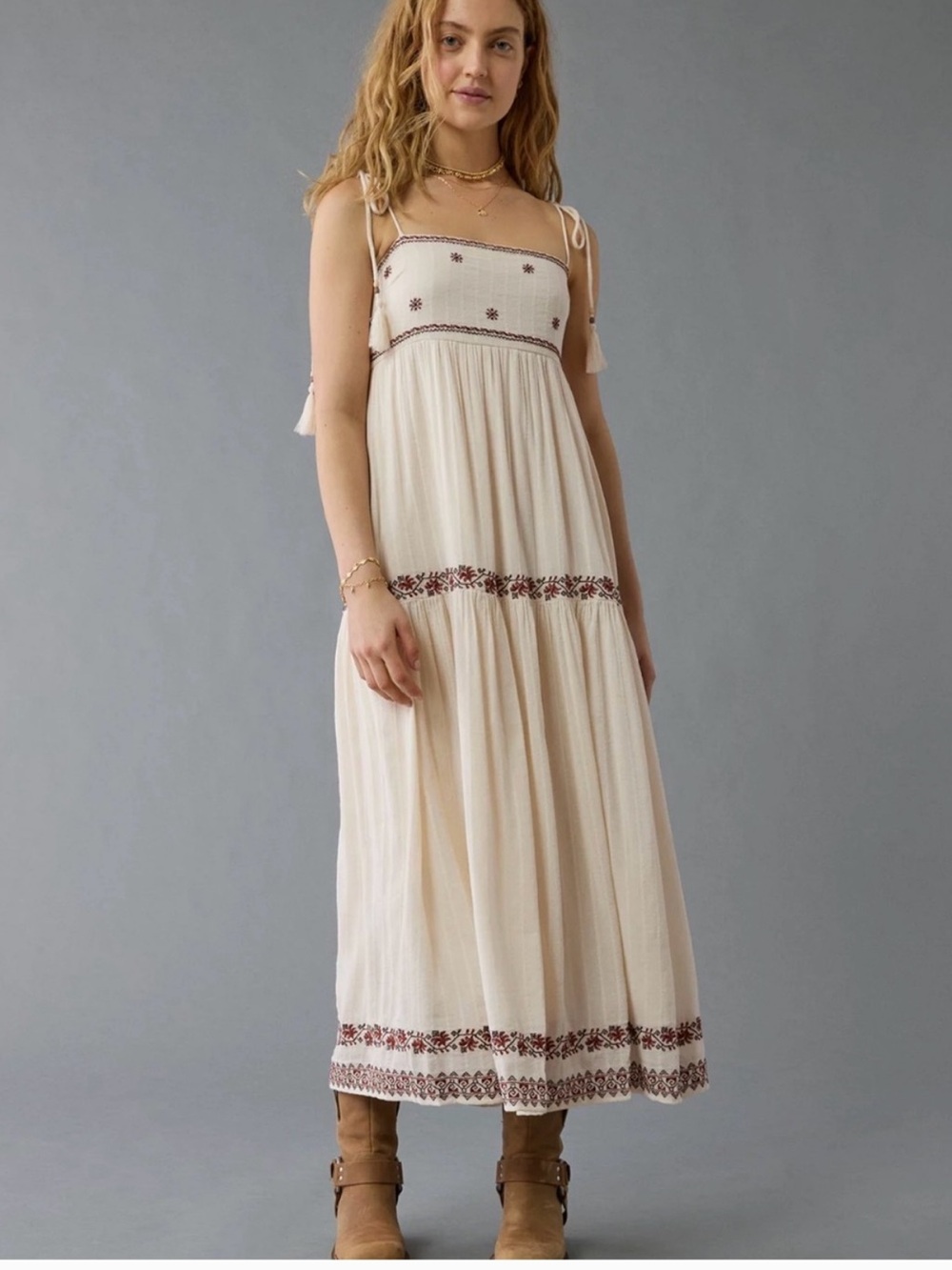 American Eagle Empire Waist Embroidered Midi Dress with Tassel Straps